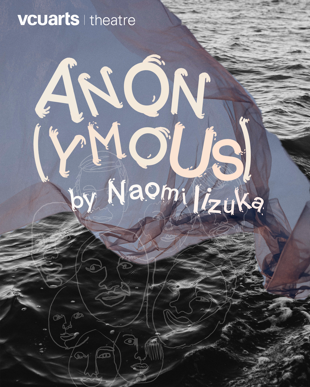 anonymous poster with flowing fabric splashy letters and ocean waves