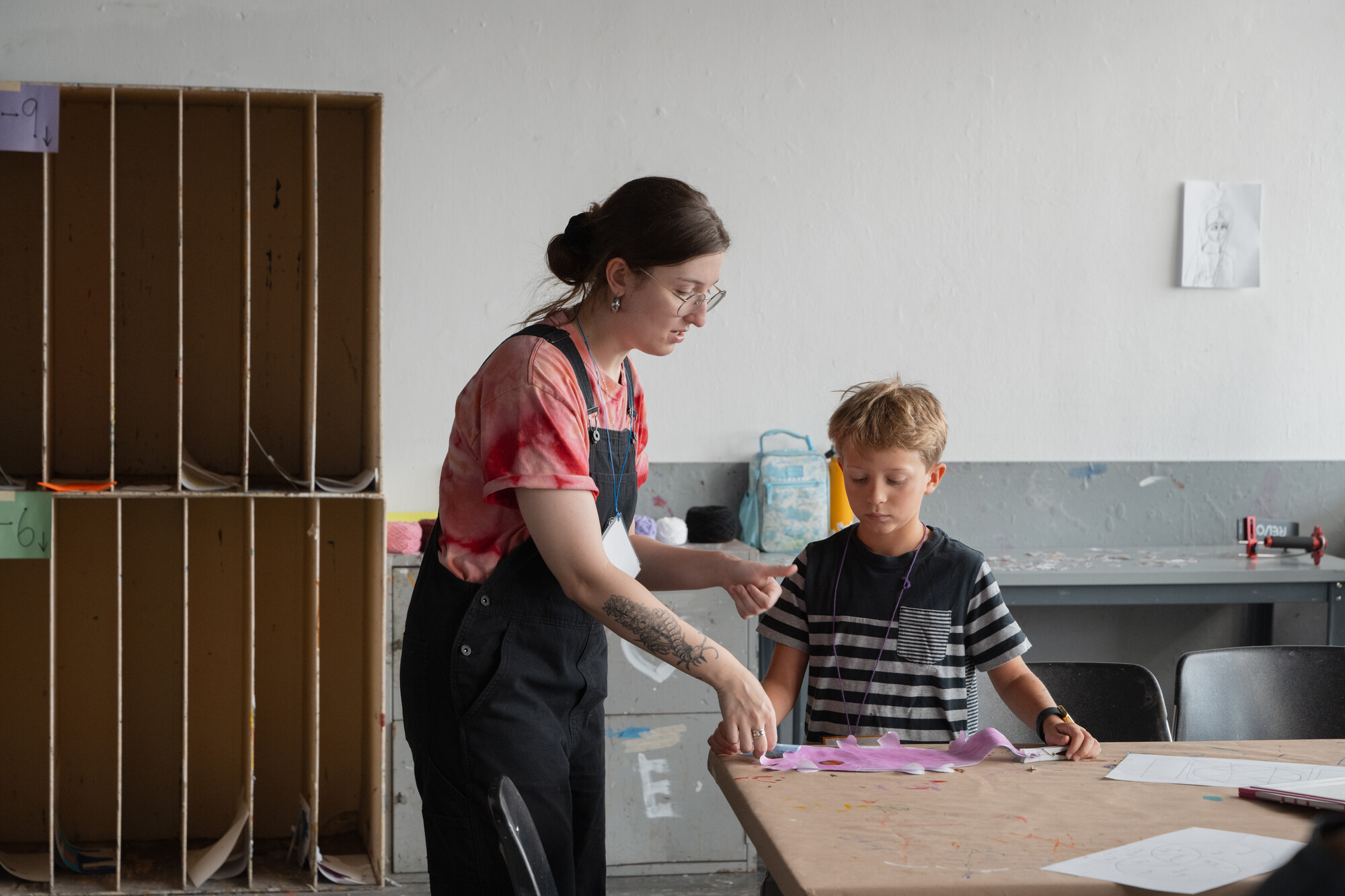 Art Education students instructing K-12 grade children during the summer Creative Arts Camp held in the DePillars Building