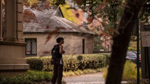 student walking on v c u campus