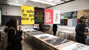 screen prints displayed in a classroom