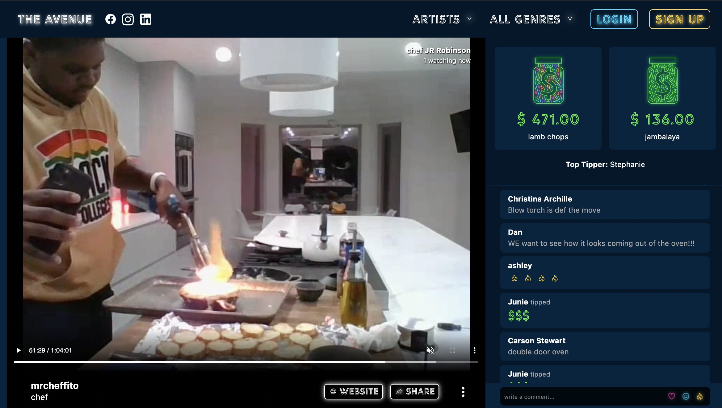 a screenshot of a website streaming a man cooking with comments from viewers