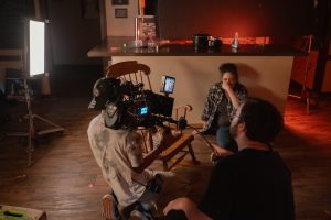 Students filming a test scene of When the Phone Rings, a psychological drama featuring a mother and child and a reality that may be as terrifying as they fear.