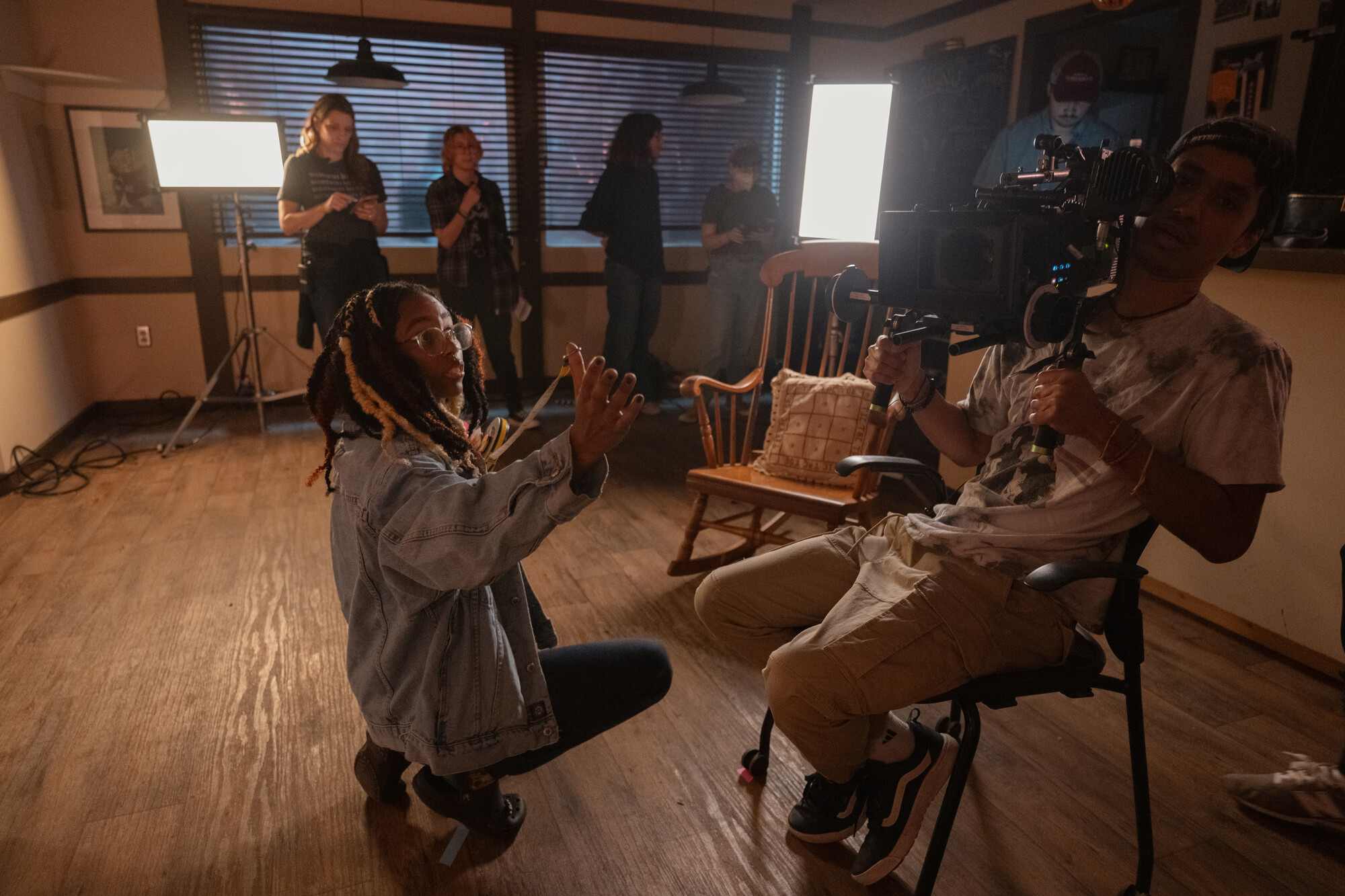 Students filming a test scene of When the Phone Rings, a psychological drama featuring a mother and child and a reality that may be as terrifying as they fear.