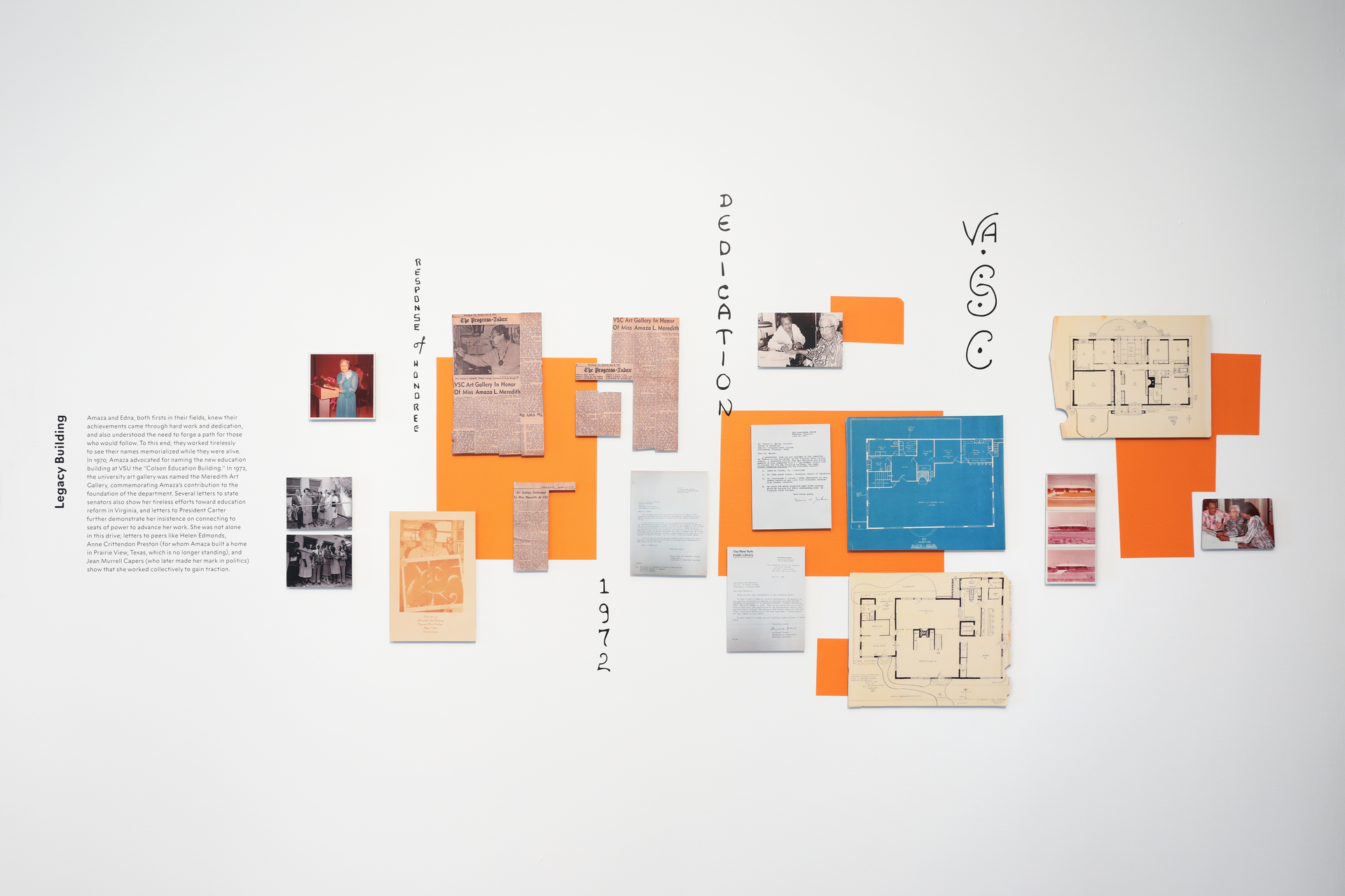 Detail photo of a wall in the Exhibition Dear Mazie featuring archival images, architectural plans, and blueprints layered on top of bright orange geometric cut outs.