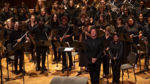 The Symphonic Wind Ensemble and University Band performing together