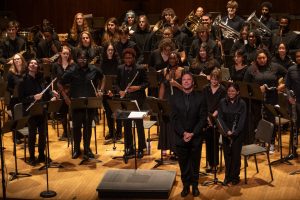 The Symphonic Wind Ensemble and University Band performing together