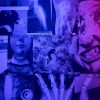 Detail of a collage of black and white images of faces and x-rays, illuminated by blue and purple lighting.