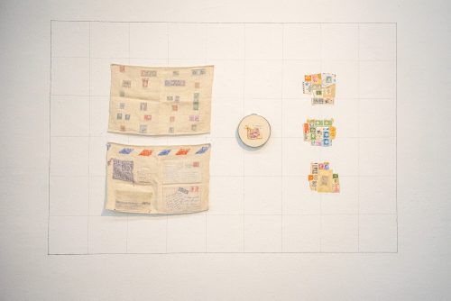 This is a map; a memory. Used stamps are woven into double-cloth pockets, embroidered, and stitched together, to think about all stamps ever sent and messages received across impossible distances.