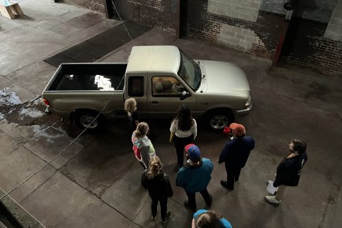 Pick-up truck in warehouse space