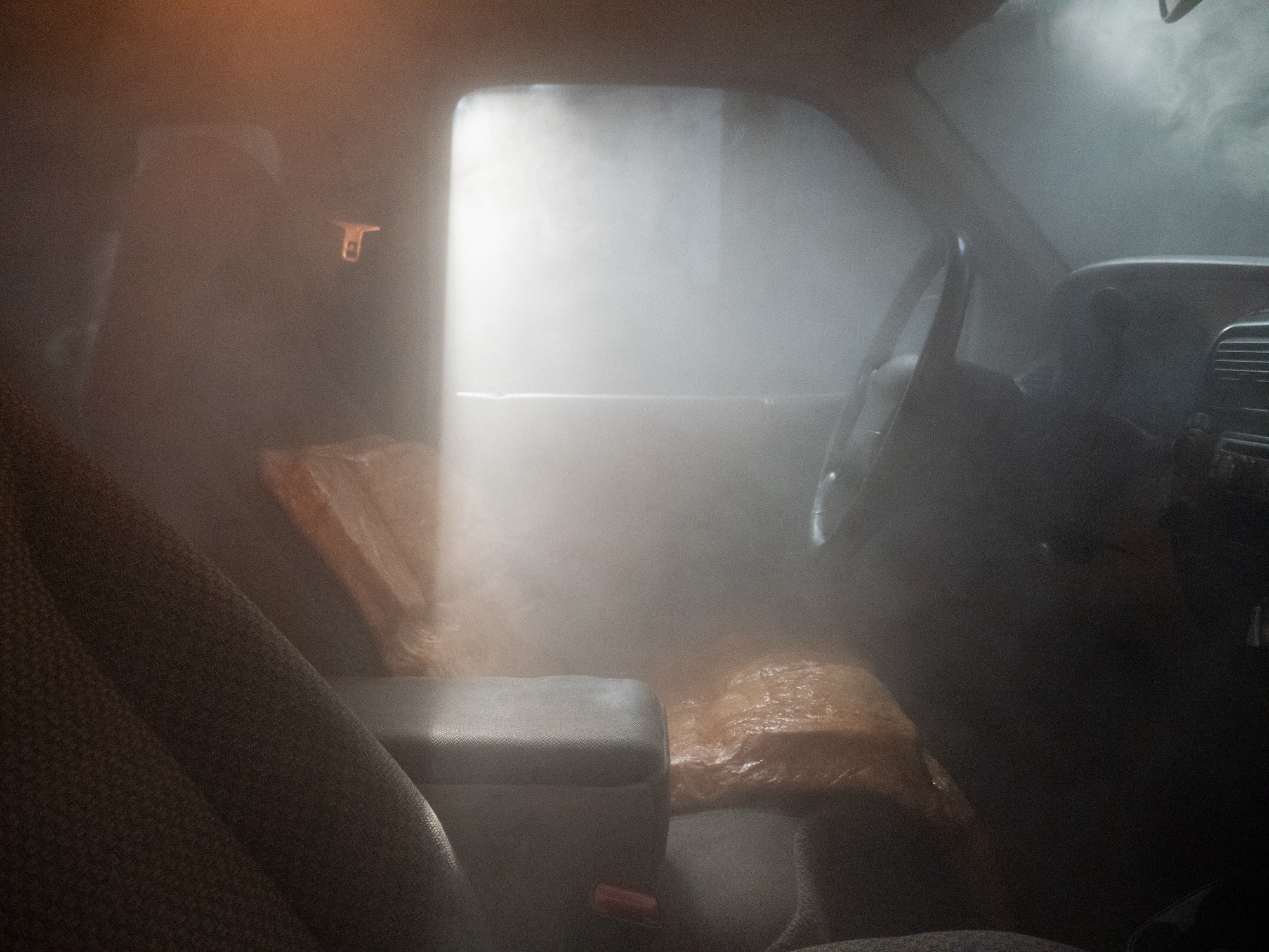 Hazy truck pick-up truck cab illuminated from the exterior