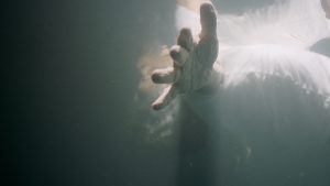 Viewing from underwater, there is a person floating just below the surface of the water. The face is obscured as a pruney hands is outstretched to the viewer.