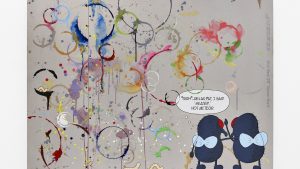 The painting shows two cartoon illustrations of flies in the right bottom corner with their backs facing the viewer. There is a speech bubble above them saying, "Sigh. Relax, Pat, I said 'meatier,' not meteor." The center and left side of the canvas has varies rings and splatters of different colors of paint.