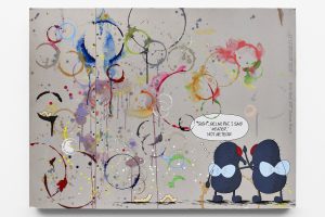 The painting shows two cartoon illustrations of flies in the right bottom corner with their backs facing the viewer. There is a speech bubble above them saying, "Sigh. Relax, Pat, I said 'meatier,' not meteor." The center and left side of the canvas has varies rings and splatters of different colors of paint.