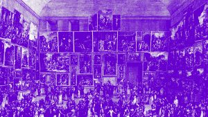 A painting of a 19th century French Salon Gallery has a purple tint over it. In the painting, there is a crowd of people looking at the walls of a gallery where paintings are covering all the walls from floor to ceiling.