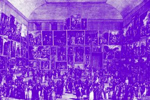 A painting of a 19th century French Salon Gallery has a purple tint over it. In the painting, there is a crowd of people looking at the walls of a gallery where paintings are covering all the walls from floor to ceiling.