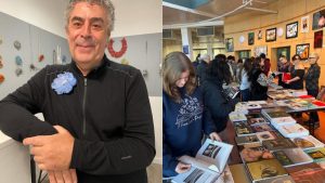 Two pictures are lined up side by side. On the left is an image of a man, Charon, propping his arm up on a ledge while wearing a blue, flowery broach. On the right is an image of a group of tables with many books laid on top. Individuals are looking through the books.