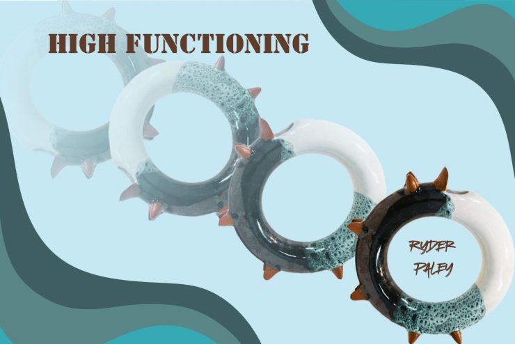 Image of circular ceramic object repeated multiple times with the text "High Functioning" and "Ryder Paley"