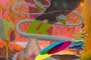 A surrealist painting. In the foreground is a snake with its mouth wide open, and its body elongates and disappears into the background. There is a color wheel coming out of the snake's mouth. In the background is a dark cloud of smoke with shining stars for eyes. It has two green arms, and the left arm holds a wand with the color wheel on top.