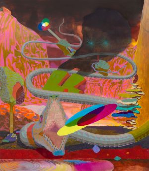 A surrealist painting. In the foreground is a snake with its mouth wide open, and its body elongates and disappears into the background. There is a color wheel coming out of the snake's mouth. In the background is a dark cloud of smoke with shining stars for eyes. It has two green arms, and the left arm holds a wand with the color wheel on top.