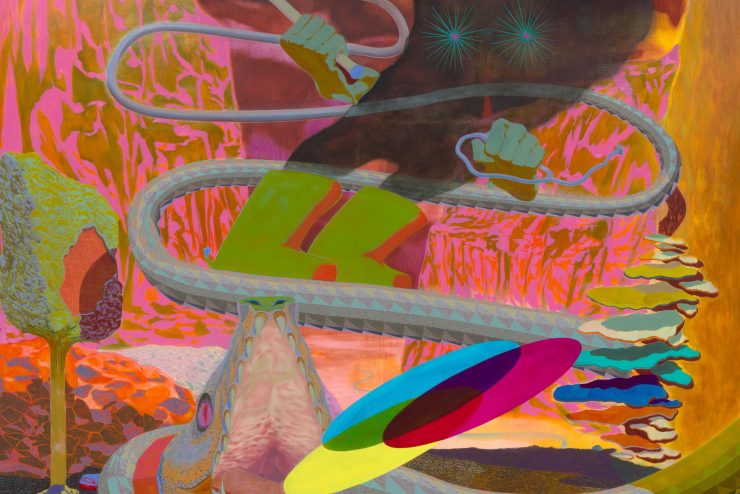 A surrealist painting. In the foreground is a snake with its mouth wide open, and its body elongates and disappears into the background. There is a color wheel coming out of the snake's mouth. In the background is a dark cloud of smoke with shining stars for eyes. It has two green arms, and the left arm holds a wand with the color wheel on top.